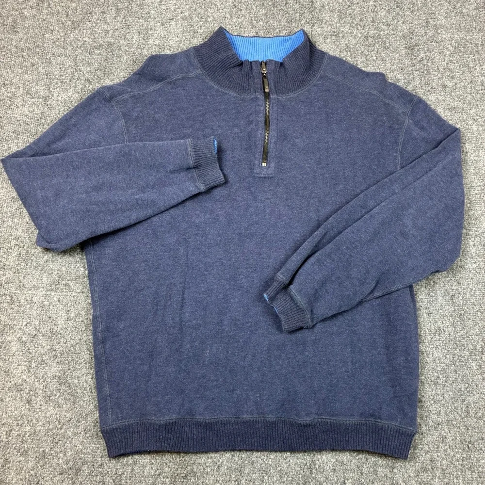 VTG Alan Flusser Mens Size Medium Navy Blue Heather Cotton Quarter Zip Sweater